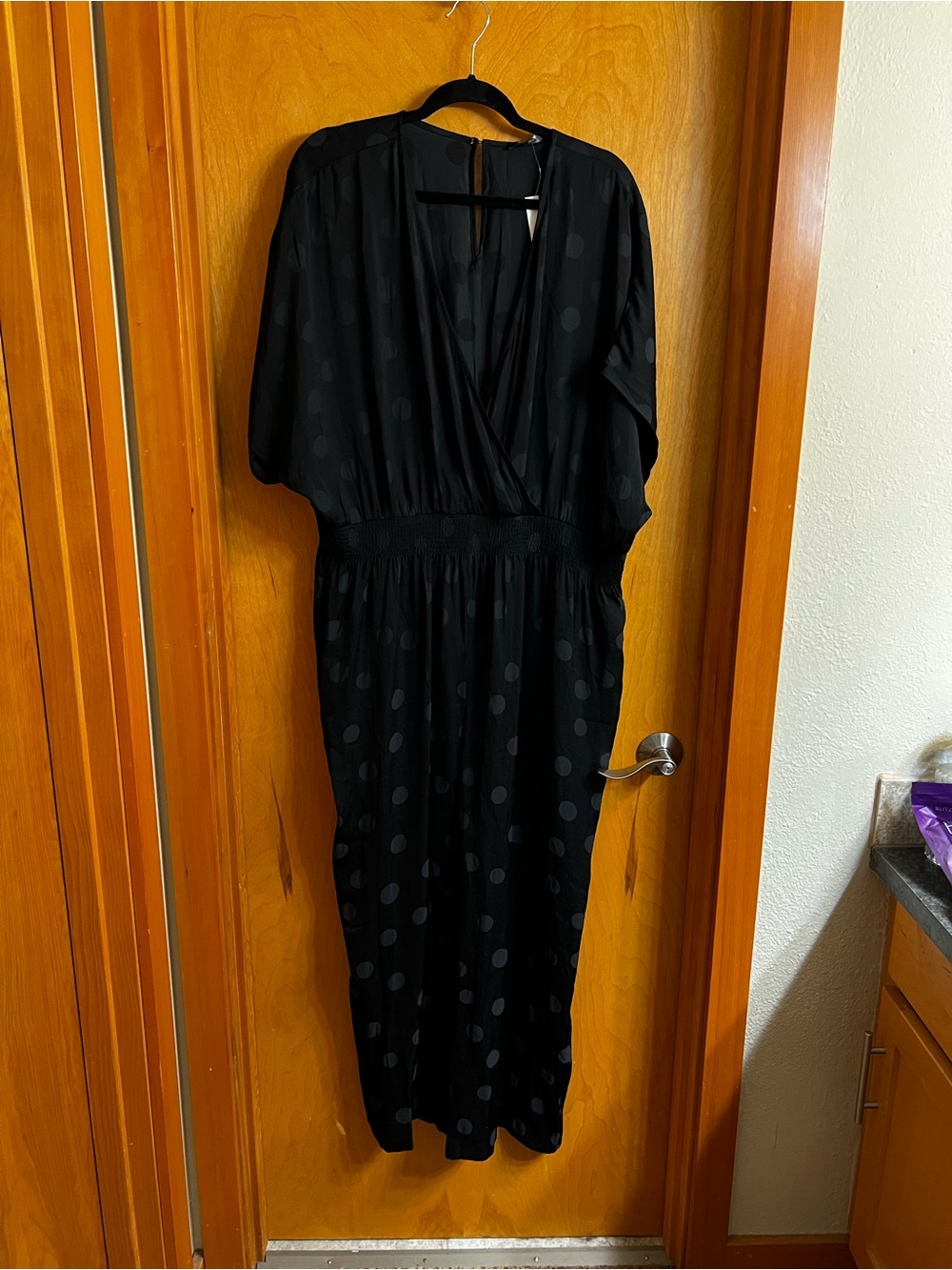 Madewell Satin Black Polka Dot V-Neck Jumpsuit